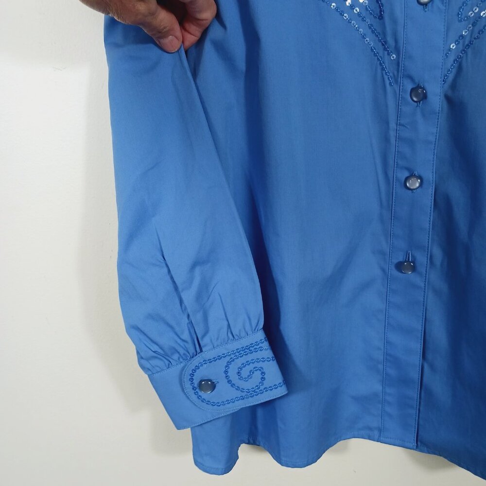 Bob Mackie NWT, Size Med., Blue, Button Down Shirt W/ Sequins & Mandarin Collar - Picture 10 of 16